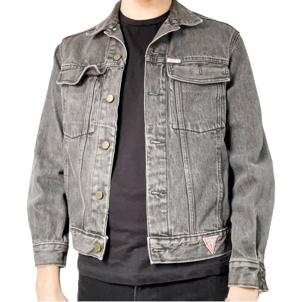 GUESS vintage black faded grey denim jacket brass rare unisex